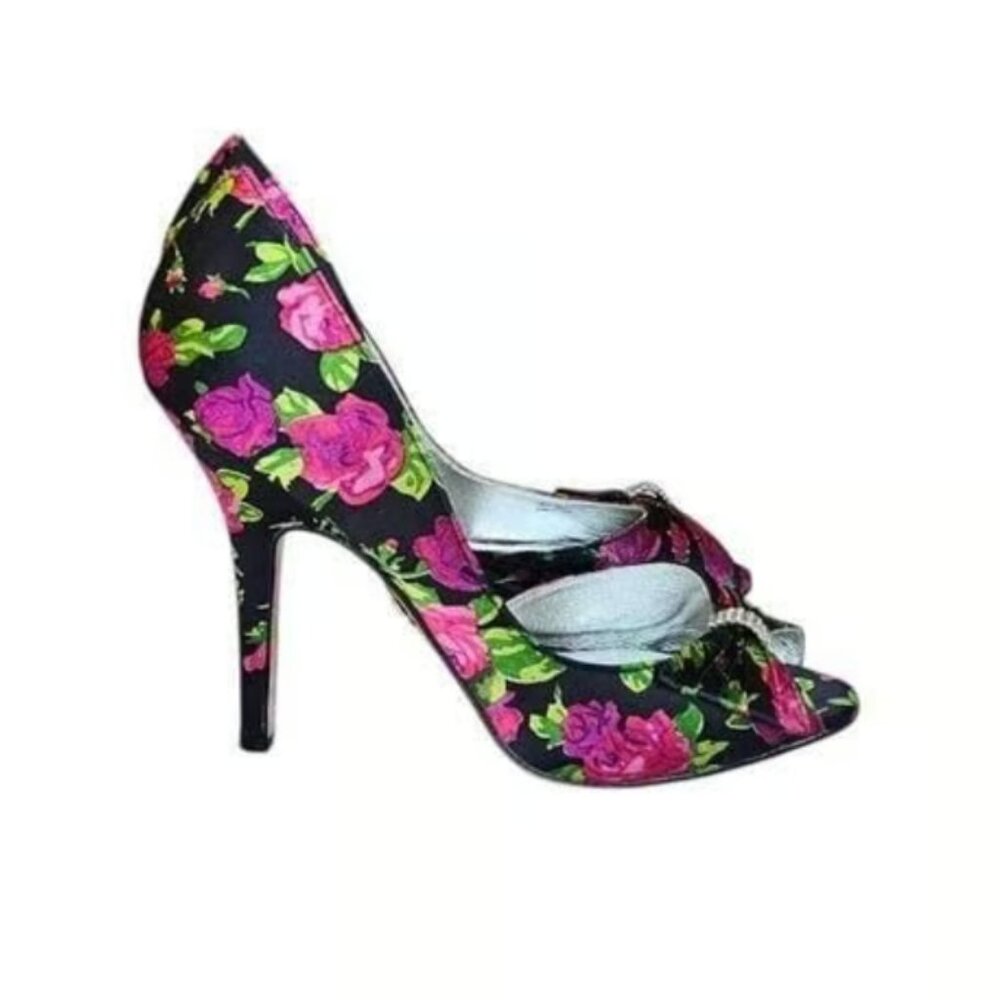 Betsey Johnson Fabric Rose Print D'Orsay Style Peep Toe Heels